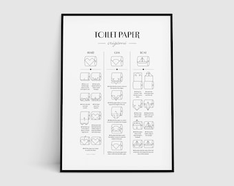 May include: A black and white printable poster with instructions on how to fold origami shapes from toilet paper. The poster shows how to fold a heart, a gem, and a boat. The poster also includes the text "Toilet Paper Origami" and "Penny & Horse Art Prints on Etsy".