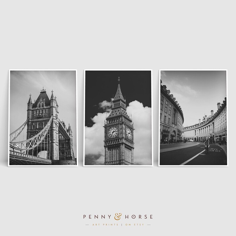 Puede incluir: Un conjunto de tres fotograf&iacute;as en blanco y negro que muestran monumentos emblem&aacute;ticos de Londres: el Tower Bridge, el Big Ben y una escena callejera.