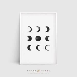 May include: A black and white minimalist art print featuring a grid of nine moons in various phases. The print is framed in a white frame.