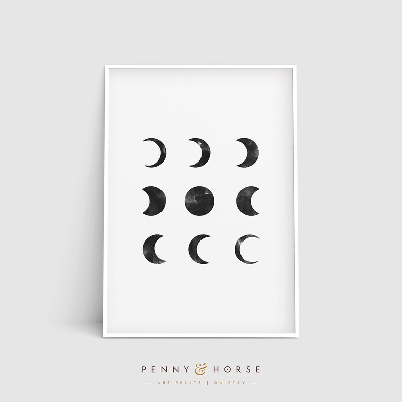 May include: A black and white minimalist art print featuring a grid of nine moons in various phases. The print is framed in a white frame.