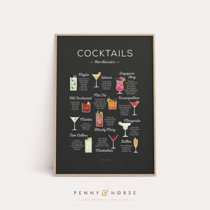 Cocktails 'The Classics' Rezept Druck, Cocktail Druck, Cocktail Art, Bar Poster, Cocktail Geschenk, Cocktail How To, Küchenkunst, Küchendeko