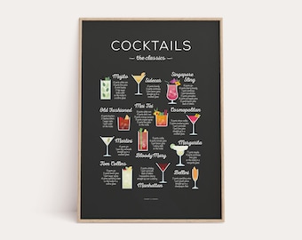 Cocktails 'The Classics' Recipe Print, Cocktail Print, Cocktail Art, Bar Poster, Cocktail Gift, Cocktail How To, Kitchen Art, Kitchen Decor
