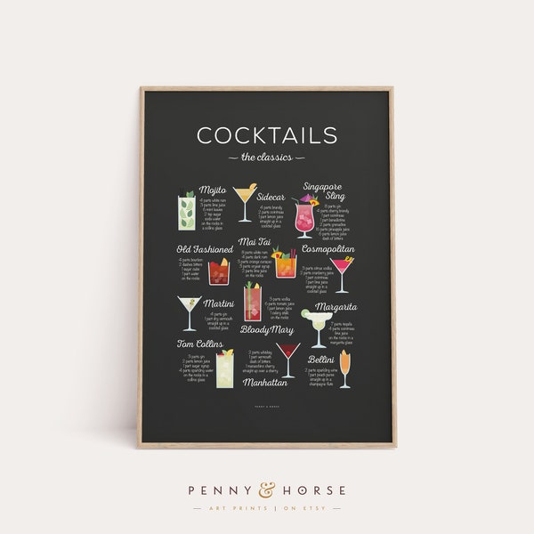Cocktails 'The Classics' Recette Print, Cocktail Print, Cocktail Art, Bar Poster, Cocktail Gift, Cocktail How To, Kitchen Art, Kitchen Decor