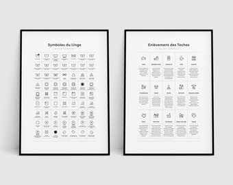 French Complete Laundry Room Guide 2 Print Set, Symboles du Linge, Enlèvement des taches, Printable Wall Art, Buanderie, Laundry Room Decor