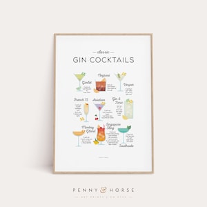 Impresión de recetas de cócteles de ginebra, Impresión de clásicos de cócteles, Arte de cócteles, Cómo hacer cócteles, Arte de cocina, Decoración de cocina, Cartel de bar, Regalo de cóctel