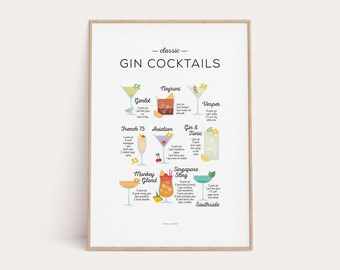 Gin Cocktails Recipe Print, Cocktail Classics Print, Cocktail Art, Cocktail How To, Kitchen Art, Kitchen Decor, Bar Poster, Cocktail Gift