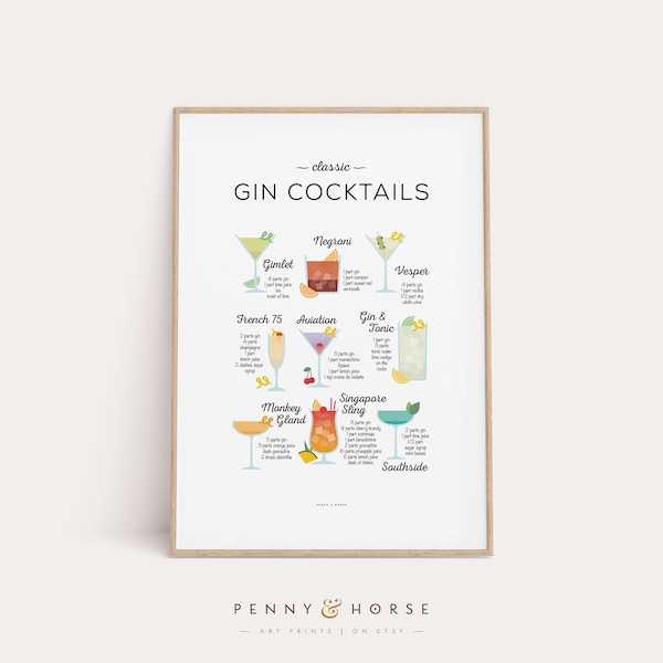 Gin Cocktails Recipe Print, Cocktail Classics Print, Cocktail Art, Cocktail How To, Kitchen Art, Kitchen Decor, Bar Poster, Cocktail Gift