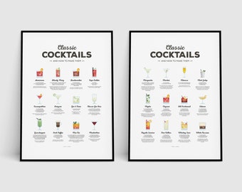 Classic Cocktails Recipe Print Set, Cocktail Print, Cocktail Art, Bar Poster, Cocktail Gift, Cocktail How To, Kitchen Art, Kitchen Decor
