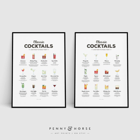 Classic Cocktails Recipe Print Set, Cocktail Print, Cocktail Art, Bar Poster, Cocktail Gift, Cocktail How To, Kitchen Art, Kitchen Decor