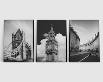 London Architecture Print Set, Home Wall Art, Photography, Black and White, Wall Decor, Digital Download, Landmark Decor, Printable Art