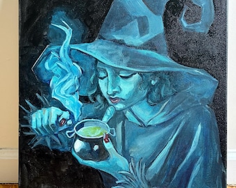 Witch and Smoking Cauldron - Original Oil Painting 16x20 on Canvas