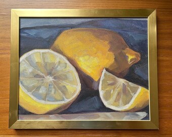 Framed Lemon Oil Painting: Original Still Life Kitchen Wall Art