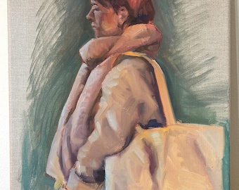 Original Oil Painting Figure Study 16x20 on Linen – Live Model Female Portrait, Muted Tones, Contemporary Impressionist Wall Art