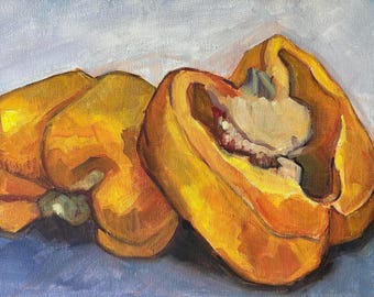 Framed Bell Pepper Oil Painting: Kitchen Still Life Art
