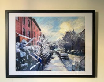 Snowy Hoboken Street Print - 18x24 Framed Archival Print of Oil Painting