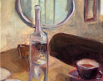 Cafe Table Oil Painting: Still Life, Matted Frame, 5x7" Canvas