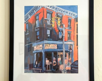 Brooklyn Brownstone Record Shop - 11x14 Framed Archival Print of NYC Williamsburg Record Shop Painting