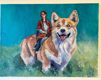Corgi Original Oil Painting- "Travel Companion" - Girl Riding Corgi Dog – 18"x24" Canvas