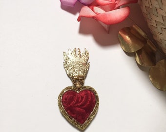 Embroidered brooch ex voto , red sacred heart, ex voto golden flames