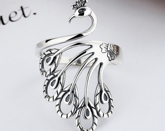 925 Sterling Silver Phoenix Ring, Authentic Retro Peacock Open Size Finger Rings For Women Wedding Anniversary Jewelry