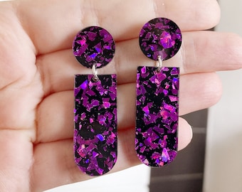 Boucles D'oreilles Clip (non Percées) Pendant Goutte Résine Violette Avec CZ - Neuves, Faites Main