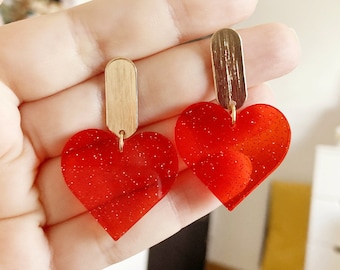 Boucle d'oreille coeur rouge paillette acrylique transparente amour saint valentin  barre plaque or 18k ovale