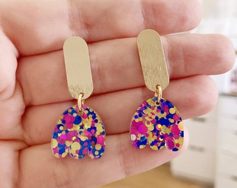 Small tulip glitter earring, multicolored, blue, gold, pink, original acrylic plexiglass