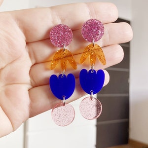 Pink sequin tulip earrings navy blue pink orange flower transparent acrylic round garden party image 2