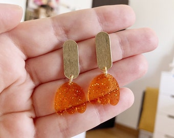 Boucle d'oreille petite tulipe paillette orange original acrylique collection summer glitter