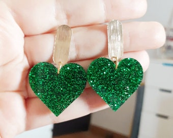 Boucle d'oreille coeur vert paillette acrylique amour saint valentin  barre plaque or 18k ovale