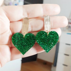 Green heart earring acrylic glitter love Valentine's Day bar plate 18k gold oval