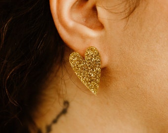 Boucle d'oreille petit coeur doré paillette holographique acrylique puce tige argent acier inoxydable