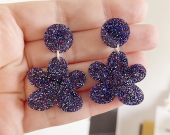 Boucle d'oreille FLEUR ETOILE bleu nuit paillette original acrylique pendante brillante