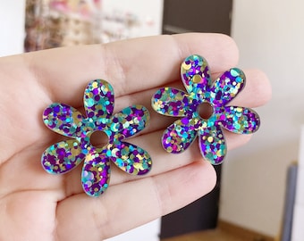 Boucle d'oreille fleur paillette multicolore violet turquoise doré original acrylique