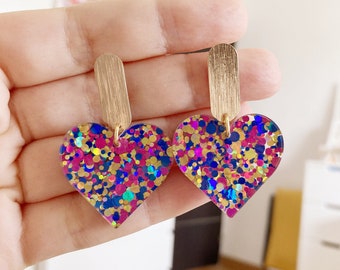 Multicolored glitter heart earring blue pink gold acrylic oval gold plate bar