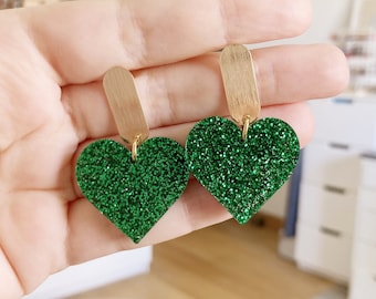 Boucle d'oreille coeur vert paillette acrylique amour saint valentin  barre plaque or 18k ovale