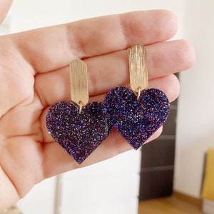 Holographic midnight blue sequin heart earring small sequin pink silver blue acrylic bar oval gold plate