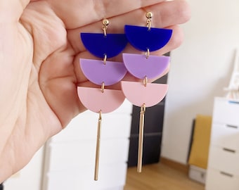 Long half-circle earrings in navy blue, purple, lilac, light pink, pastel acrylic, elegant pastel collection, 14k gold plated