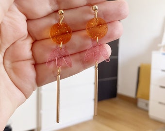 Long round orange tulip flower earrings pink transparent sequin acrylic stem elegant collection glitter 14k gold plate