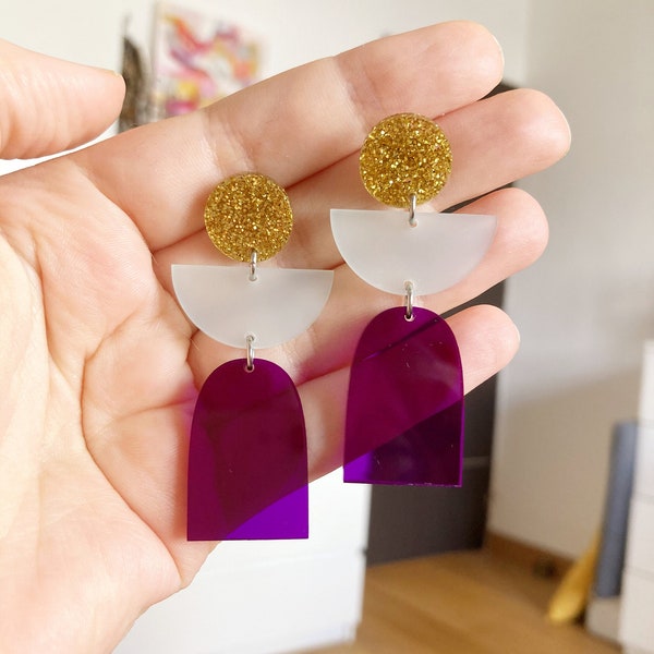 Boucle d'oreille doré or paillette bleu givré violet collection color block acrylique transparente original