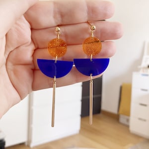 Long half circle earrings navy blue orange transparent sequin acrylic stem elegant collection glitter 14k gold plated