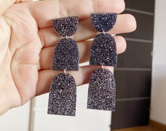 Long earring metallic gray black sequin dome original acrylic color therapy collection