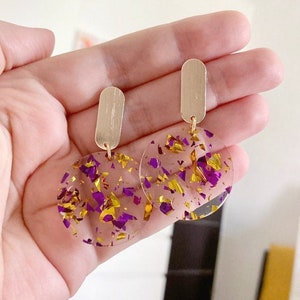 ZELIE earring round shape golden purple glitter transparent acrylic plexiglass gold plate