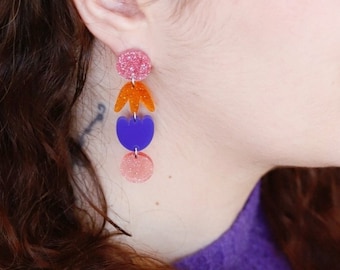 Boucles d'oreilles tulipe paillette rose bleu marine fleur rose orange transparente acrylique  rond garden party