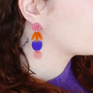 Pink sequin tulip earrings navy blue pink orange flower transparent acrylic round garden party image 1