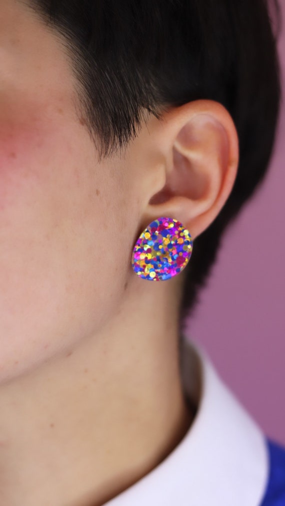 Boucles D'oreilles Clou Rétro Rose 3D Bleu Brillant - Occasion Bon état
