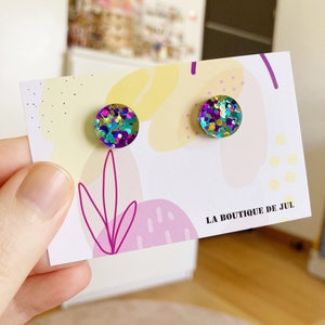 Small round stud earring, multicolored purple, turquoise, gold, acrylic glitter
