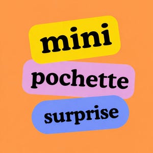 Peut inclure: Fond orange avec trois rectangles de couleurs jaune, rose et bleu. Le rectangle jaune porte le mot "mini" en noir. Le rectangle rose porte le mot "pochette" en noir. Le rectangle bleu porte le mot "surprise" en noir.