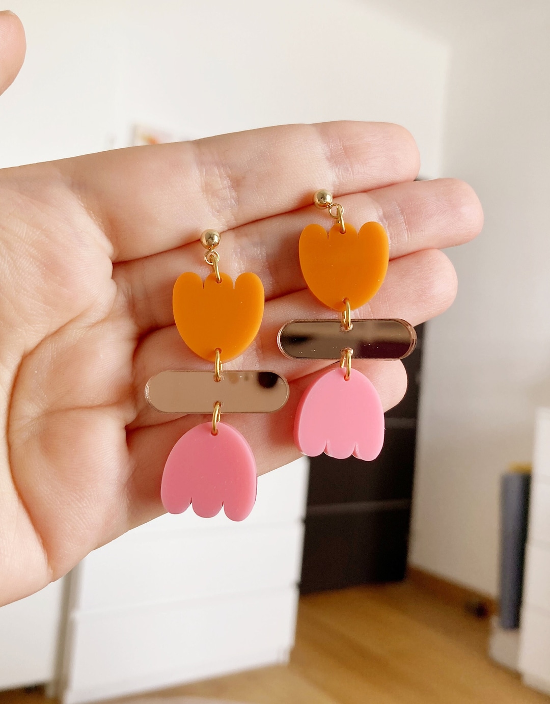 Boucles D'oreilles Cercle Goutte Or Rose - Pendantes, Barre, Cuivre, Neuves Sans Emballage