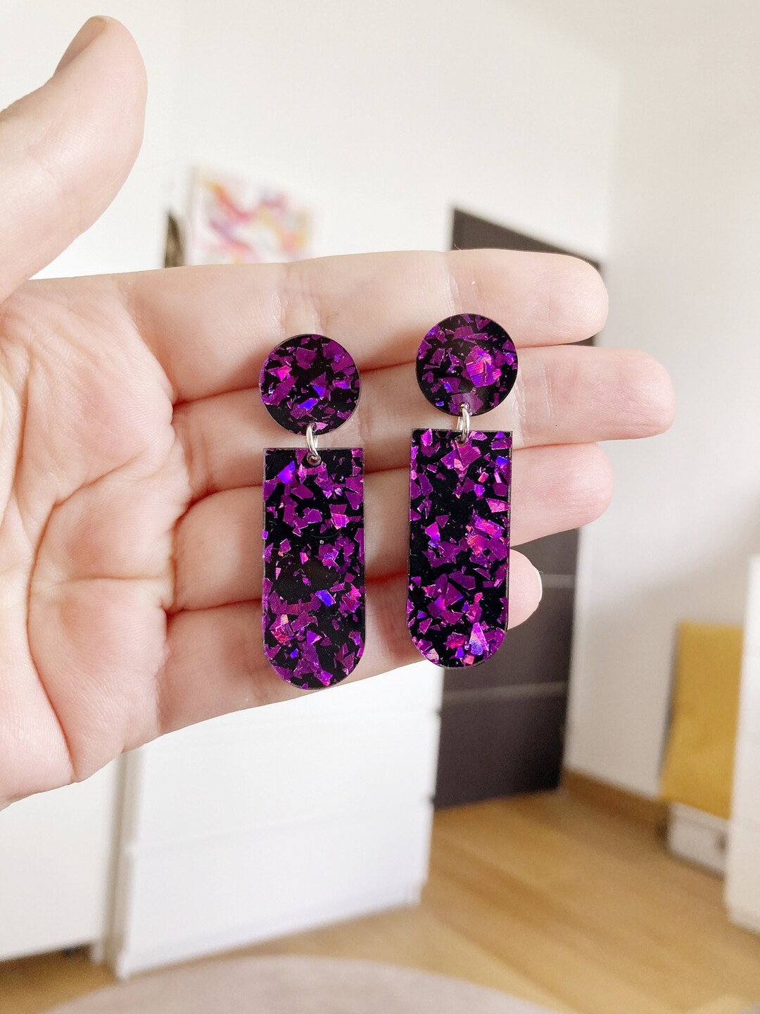 Original Acrylic Rock Purple Glitter Flask Earring Purple Etsy